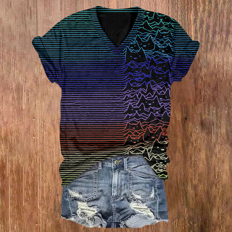 Rainbow Cat Radio Waves Pattern Print Short Sleeved V-Neck T-Shirt - Black - US32-34(5XL) - image 1