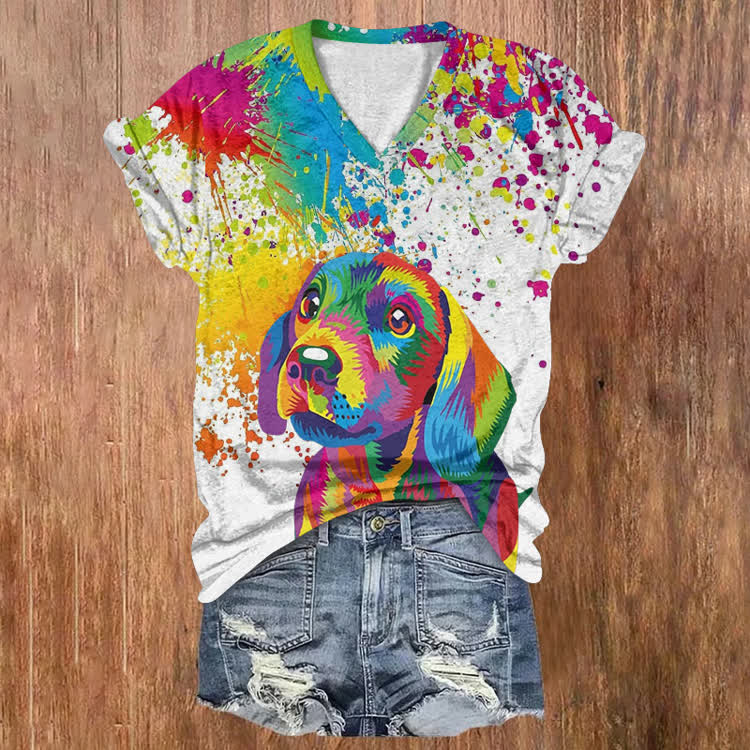 Rainbow Puppy Art Pattern Print Short Sleeved V-Neck T-Shirt - White - US32-34(5XL) - image 1