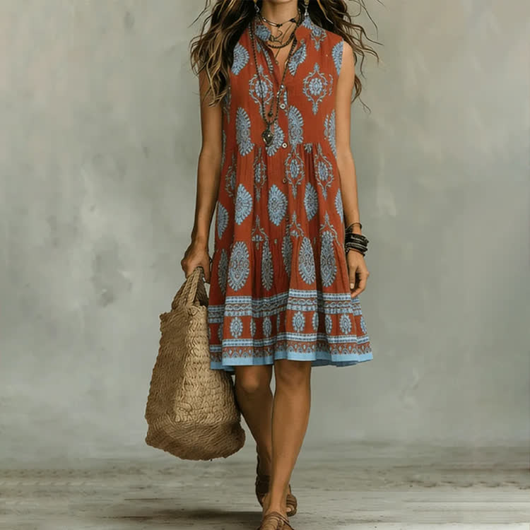 Boho Ethnic Print V-neck Split And Splice A-line Mid Dress - Red - 5XL - image 2