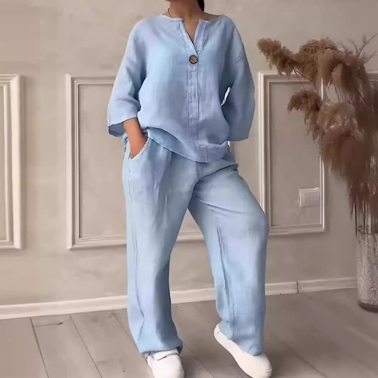 Solid Cozy Notched Collar Long-sleeve Blouse & Wide-leg Pants Set - Light Blue - 5XL - image 2