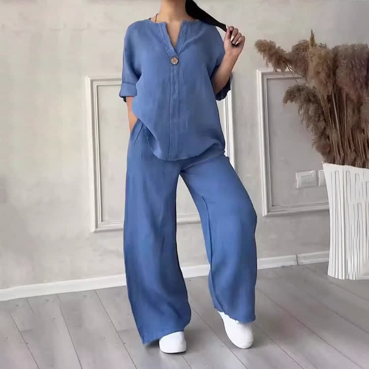 Solid Cozy Notched Collar Long-sleeve Blouse & Wide-leg Pants Set - Blue - 5XL - image 1