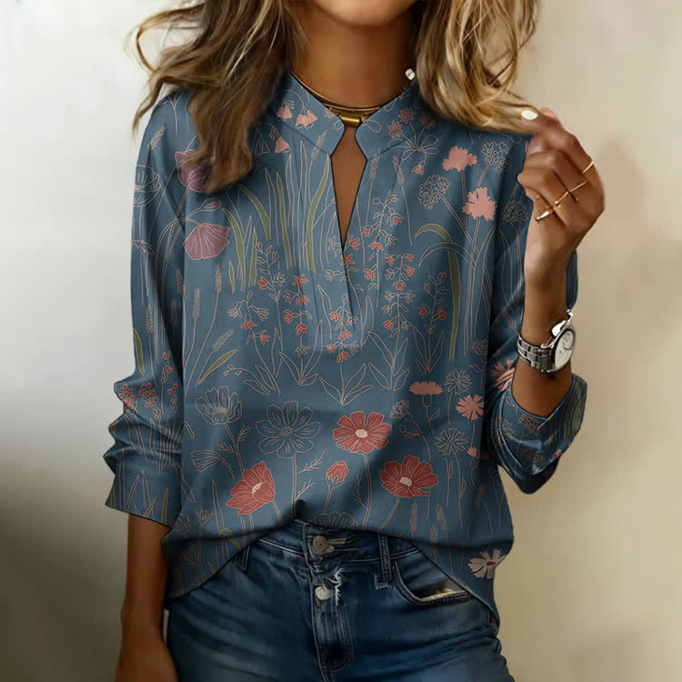 Ditsy Wildflower Art Print Notch-collar Long-sleeve Blouse - Navy Blue - 3XL - image 1