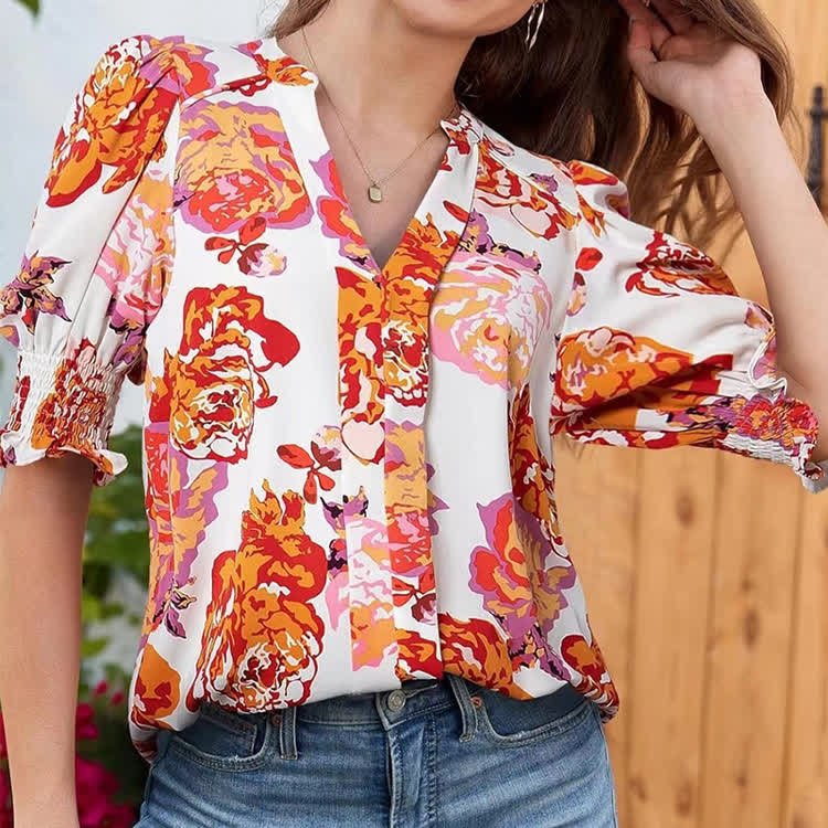 Elegant Floral Print V-neck Ruffled Puff Sleeves Blouse - Orange - 2XL - image 2