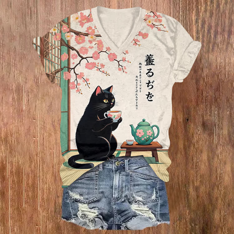 Japanese The Tea-Drinking Cat Pattern Print Short Sleeved V-Neck T-Shirt - Apricot - US32-34(5XL) - image 1