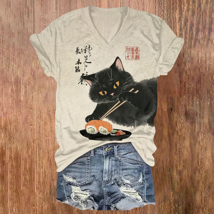 Japanese A Cat Eating Sushi Pattern Print Short Sleeved V-Neck T-Shirt - Apricot - US32-34(5XL) - image 1