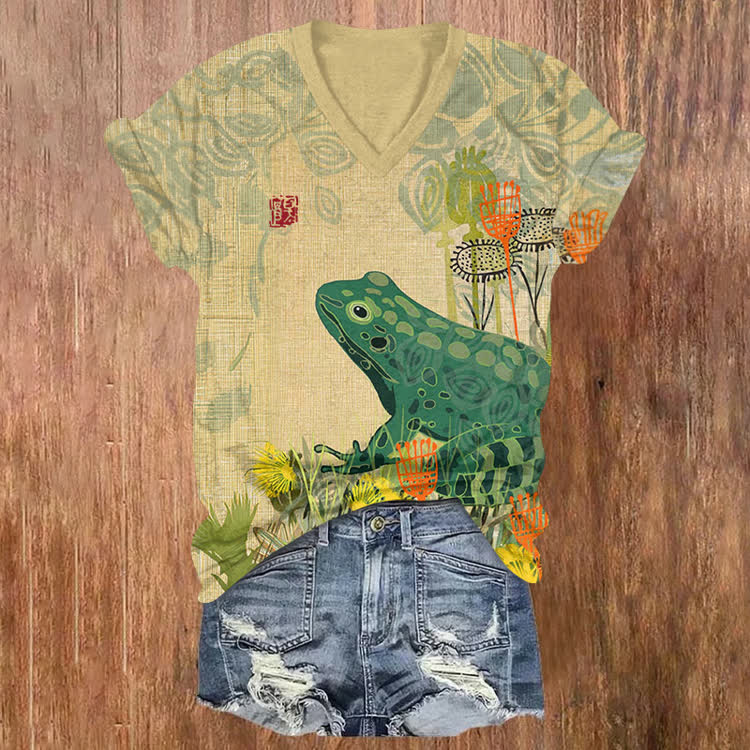 Japanese Retro Frog Pattern Print Short Sleeved V-Neck T-Shirt - Yellow - US32-34(5XL) - image 1