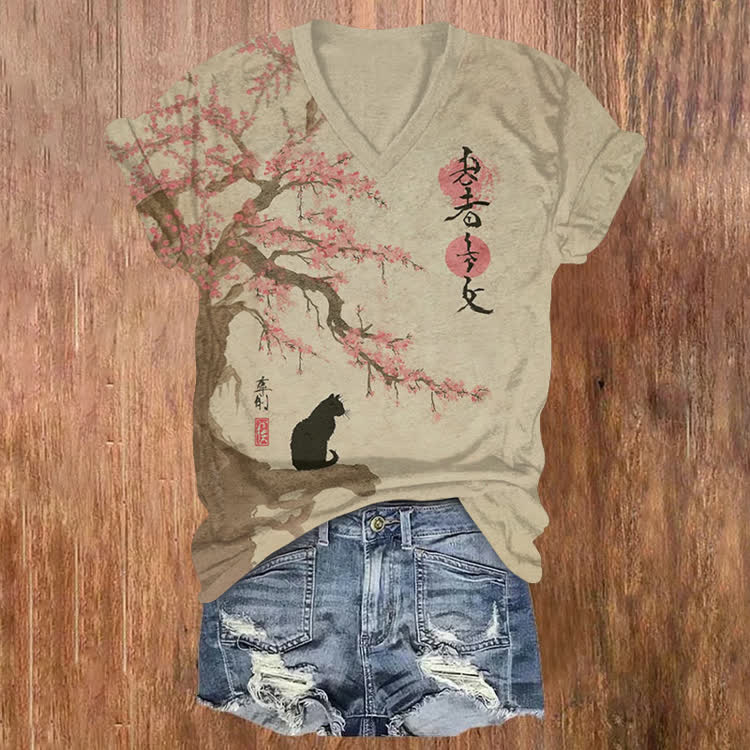 Japanese The Cat Beneath The Cherry Blossom Tree Pattern Print Short Sleeved V-Neck T-Shirt - Apricot - US32-34(5XL) - image 1