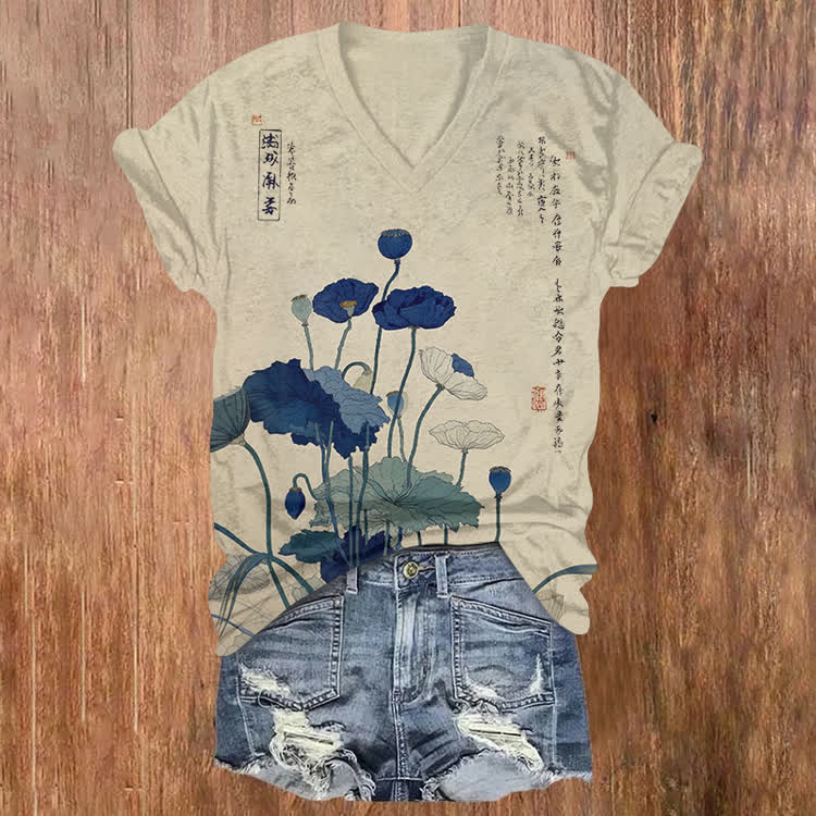Japanese Poppy Pattern Print Short Sleeved V-Neck T-Shirt - Apricot - US32-34(5XL) - image 1