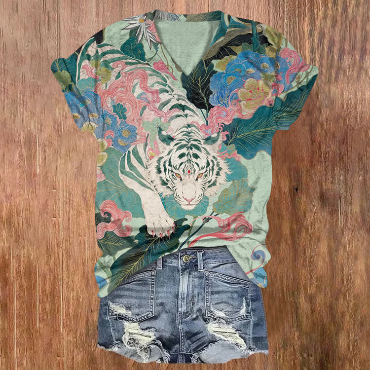 Japanese White Tiger Pattern Print Short Sleeved V-Neck T-Shirt - Light Green - US32-34(5XL) - image 1