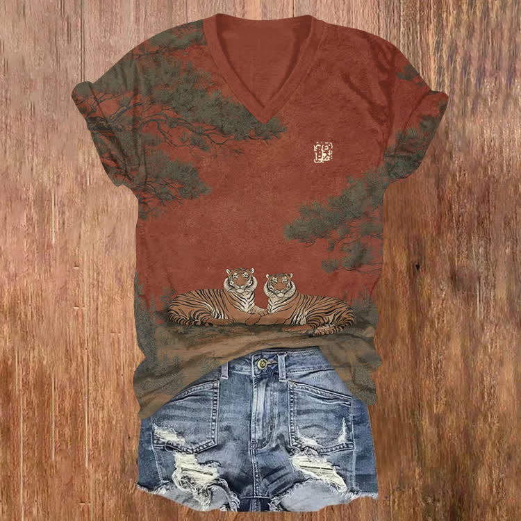 Japanese Tigers And Pine Tree Pattern Print Short Sleeved V-Neck T-Shirt - Red - US32-34(5XL) - image 1