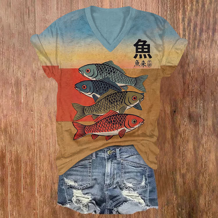 Japanese Retro Fishes Pattern Print Short Sleeved V-Neck T-Shirt - Blue - US32-34(5XL) - image 1