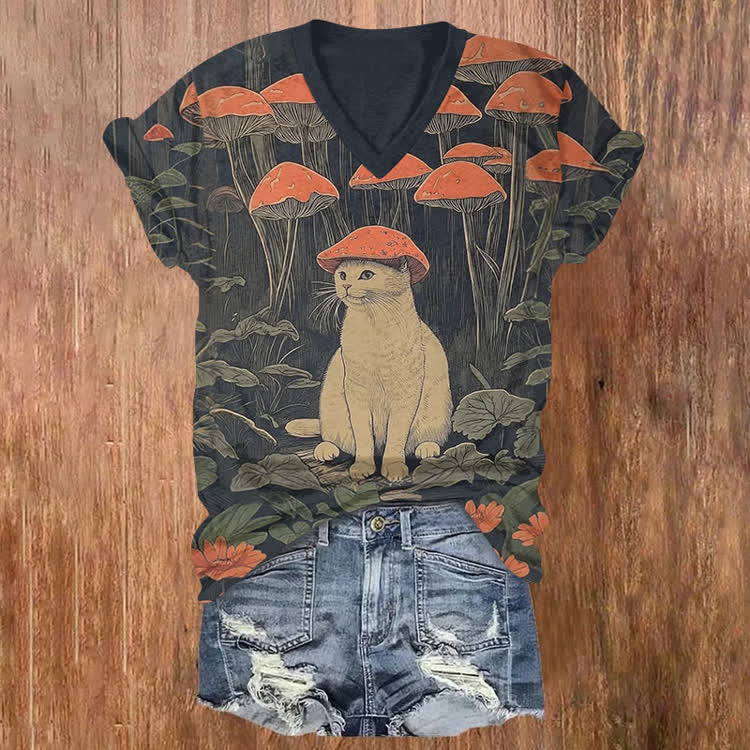 Japanese Retro Mushroom Cat Pattern Print Short Sleeved V-Neck T-Shirt - Black - US32-34(5XL) - image 1
