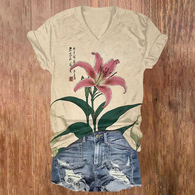 Japanese A Vintage Lily Pattern Print Short Sleeved V-Neck T-Shirt - Apricot - US32-34(5XL) - image 1
