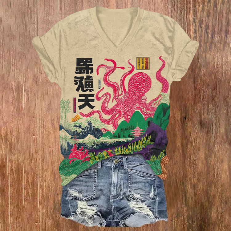 Japanese Retro Octopus Landscape Pattern Print Short Sleeved V-Neck T-Shirt - Apricot - US32-34(5XL) - image 1