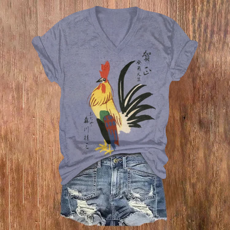 Japanese Retro Ink-Style Rooster Pattern Print Short Sleeved V-Neck T-Shirt - Light Purple - US32-34(5XL) - image 1