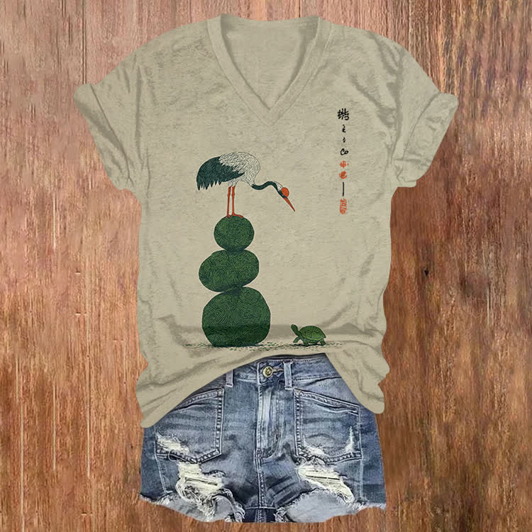 Japanese Zen-Style Turtle And Crane Pattern Print Short Sleeved V-Neck T-Shirt - Light Green - US32-34(5XL) - image 1