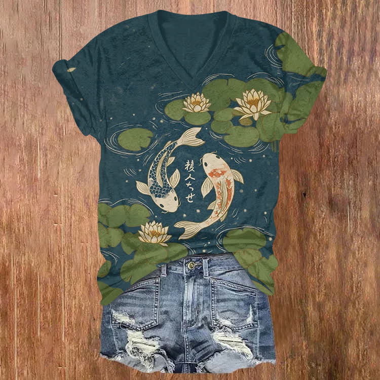Japanese Koi In The Lotus Pond Pattern Print Short Sleeved V-Neck T-Shirt - Dark Blue - US32-34(5XL) - image 1