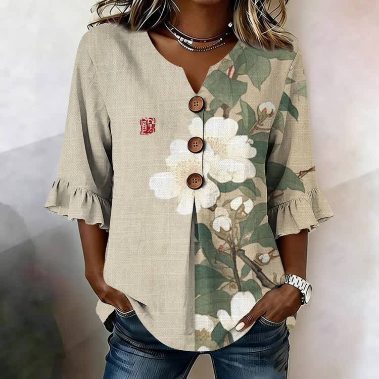 Elegant White Flowers Pattern Print Button V-Neck Blouse With Ruffle Sleeves - Apricot - US32-34(5XL) - image 1