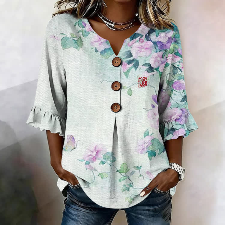 Elegant Morning Glory Vine Pattern Print Button V-Neck Blouse With Ruffle Sleeves - Light Green - US32-34(5XL) - image 1