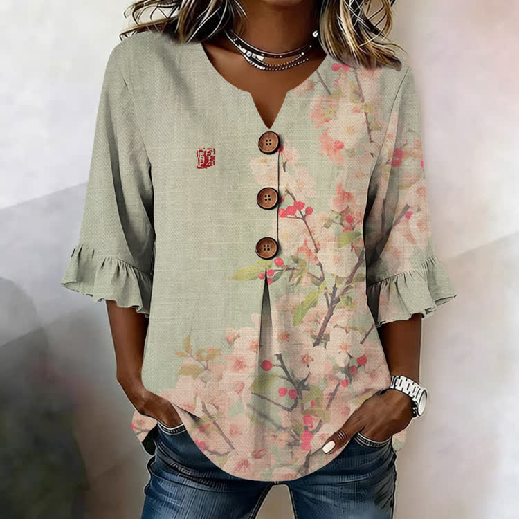 Dreamy Japanese Cherry Blossoms Pattern Print Button V-Neck Blouse With Ruffle Sleeves - Light Green - US32-34(5XL) - image 1