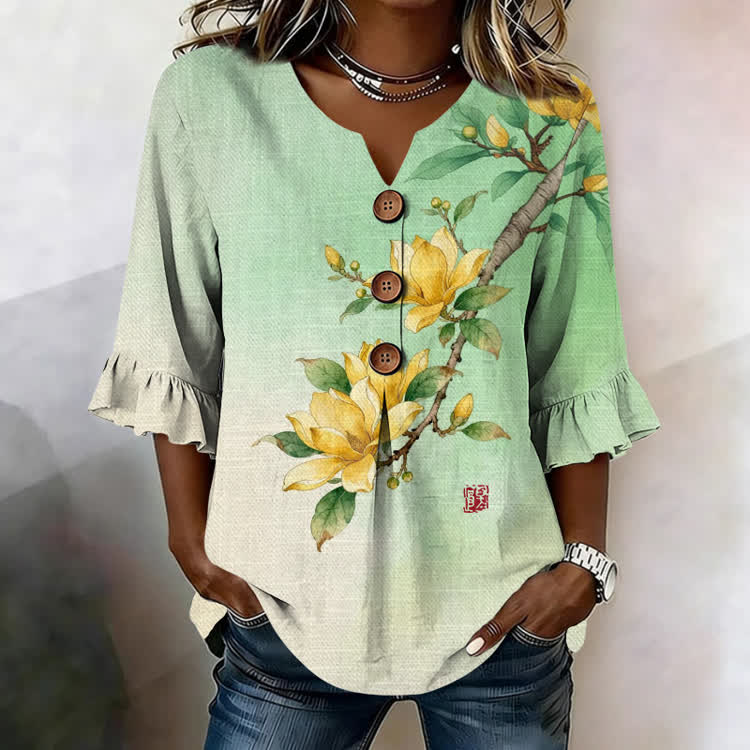 Watercolor Magnolia Branch Gradient Pattern Print Button V-Neck Blouse With Ruffle Sleeves - Light Green - US32-34(5XL) - image 1