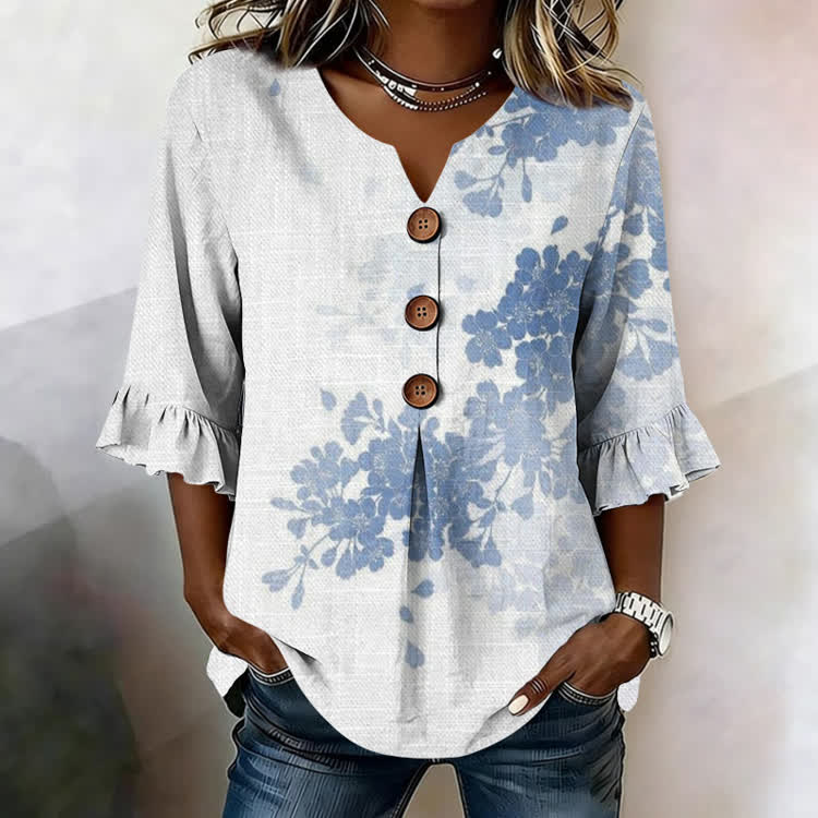 Watercolor Cherry Blossom Silhouette Pattern Print Button V-Neck Blouse With Ruffle Sleeves - Blue - US32-34(5XL) - image 1