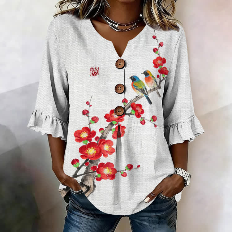 Two Birds On Red Plum Blossoms Pattern Print Button V-Neck Blouse With Ruffle Sleeves - White - US32-34(5XL) - image 1