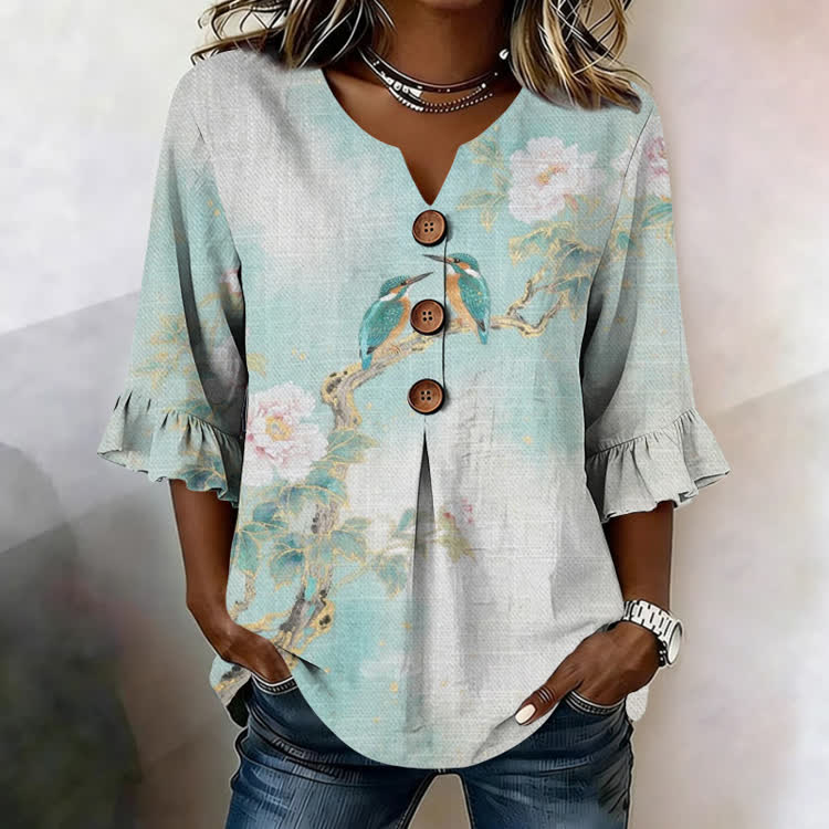 Peonies And Two Birds Pattern Print Button V-Neck Blouse With Ruffle Sleeves - Light Green - US32-34(5XL) - image 1