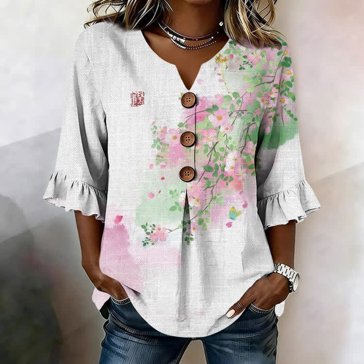 Two-Tone Gradient Watercolor Flowers Pattern Print Button V-Neck Blouse With Ruffle Sleeves - White - US32-34(5XL) - image 1