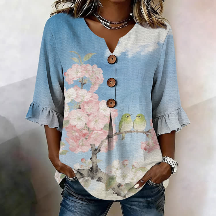 Cherry Blossoms And Little Birds Pattern Print Button V-Neck Blouse With Ruffle Sleeves - Light Blue - US32-34(5XL) - image 1