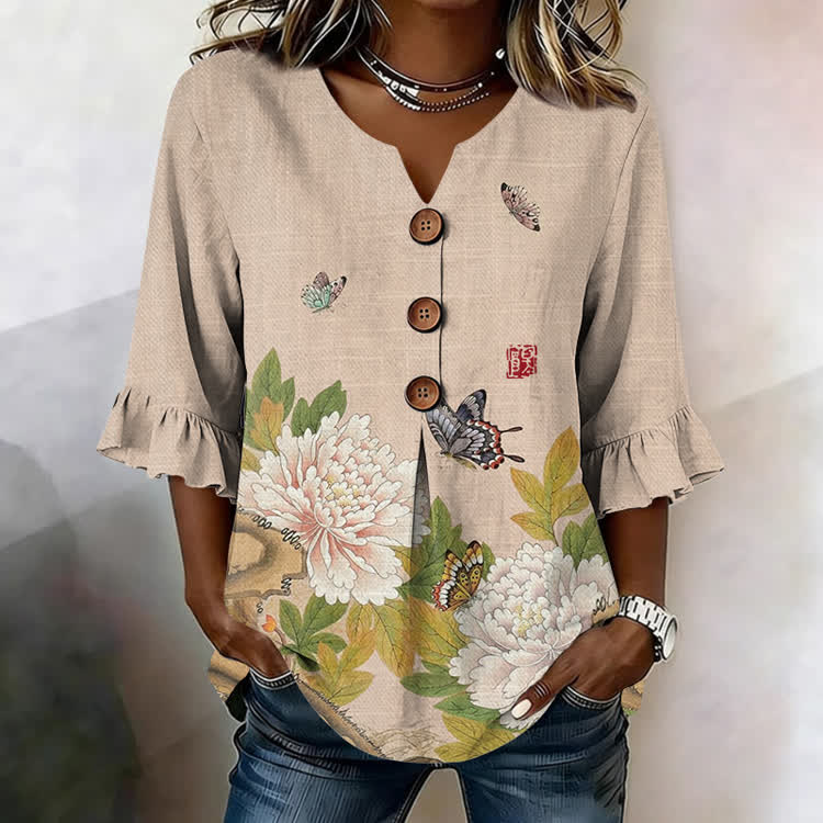 Magnificent Peonies And Butterflies Pattern Print Button V-Neck Blouse With Ruffle Sleeves - Apricot - US32-34(5XL) - image 1