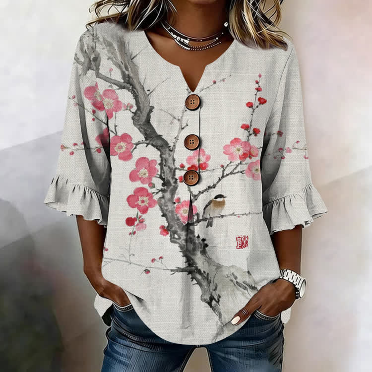 Red Plum Branches Pattern Print Button V-Neck Blouse With Ruffle Sleeves - Grey - US32-34(5XL) - image 1