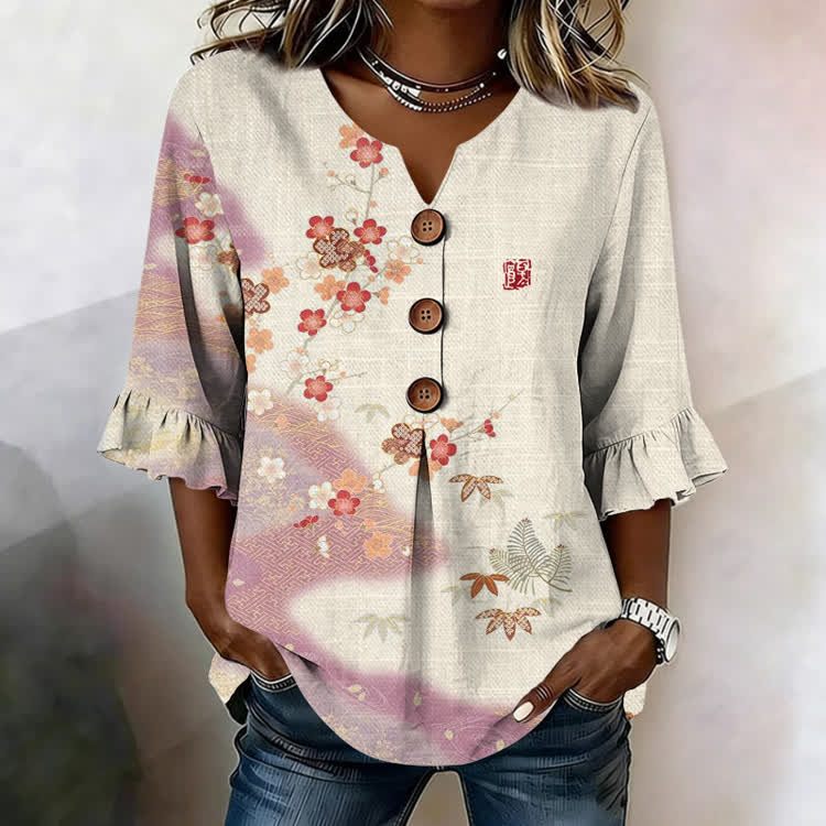 Japanese-Style Maple Leaves And Cherry Blossoms Pattern Print Button V-Neck Blouse With Ruffle Sleeves - Apricot - US32-34(5XL) - image 1
