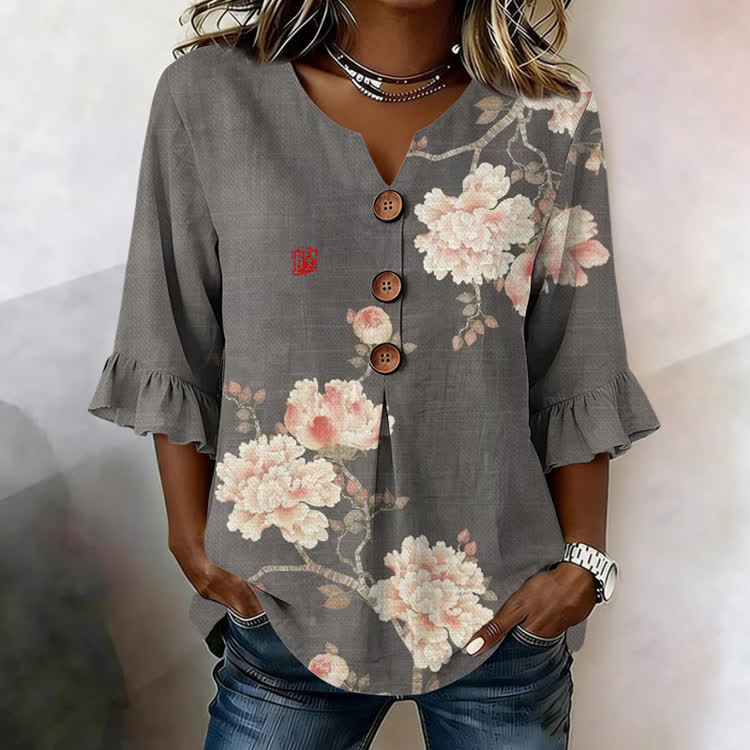Elegant Classical Peony Pattern Print Button V-Neck Blouse With Ruffle Sleeves - Dark Grey - US32-34(5XL) - image 1