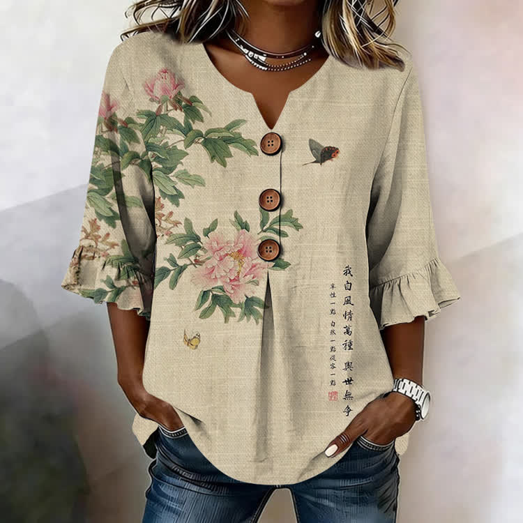 Vintage Peony And Butterfly Poetry Pattern Print Button V-Neck Blouse With Ruffle Sleeves - Apricot - US32-34(5XL) - image 1