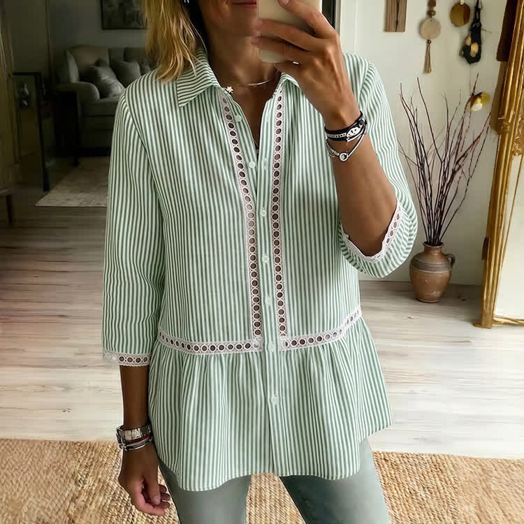 Casual Striped Openwork Lace Linen Blend 3/4 Sleeve Blouse - Green - 4XL - image 2