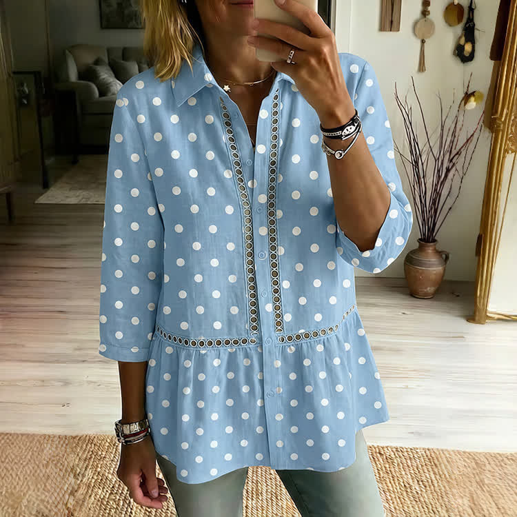 Casual Polka Dot Openwork Lace Linen Blend 3/4 Sleeve Blouse - Blue - 4XL - image 1