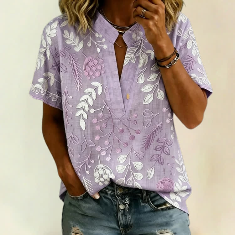 Elegant Floral Notch-collar Short Sleeve Blouse - Purple - 3XL - image 2