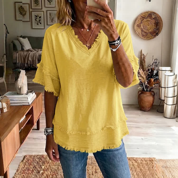 Casual Solid Frayed Layered V-neck Blouse - Yellow - 3XL - image 2