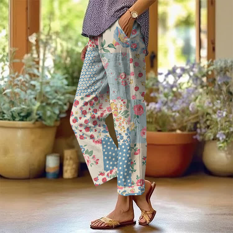 Pastoral Romantic Floral Patchwork Print Casual Pocket Pants  - Multicolor - US 20 (5XL) - image 1