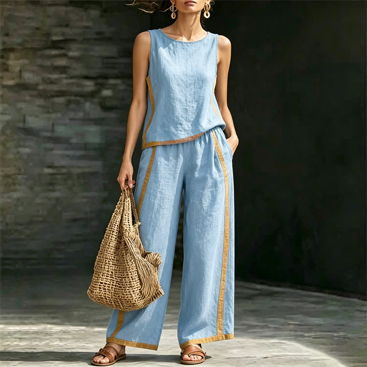 Elegant Solid Contrast Stripes Round Neck Sleeveless Top&pants Set - image 2