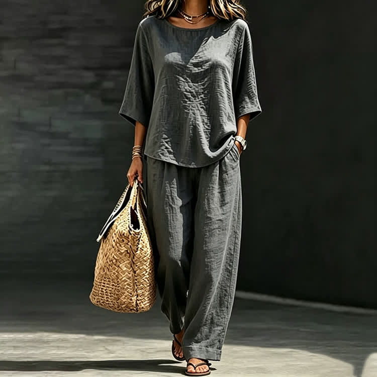 Elegant Solid Print 3/4 Sleeve Casual Blouse & Casual Pocket Pants Set - image 2