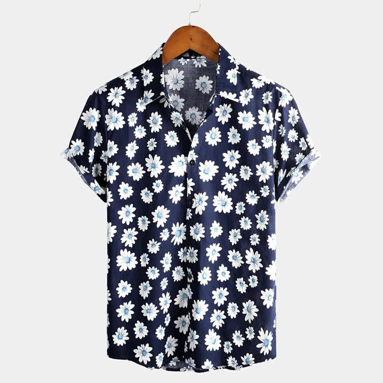 Vacation Daisy Pattern Texture Print Short Sleeve Hawaiian Shirt - Navy Blue - 5XL - image 5