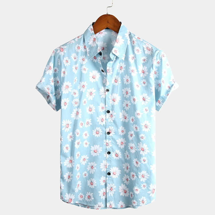 Vacation Daisy Pattern Texture Print Short Sleeve Hawaiian Shirt - Light Blue - 5XL - image 1
