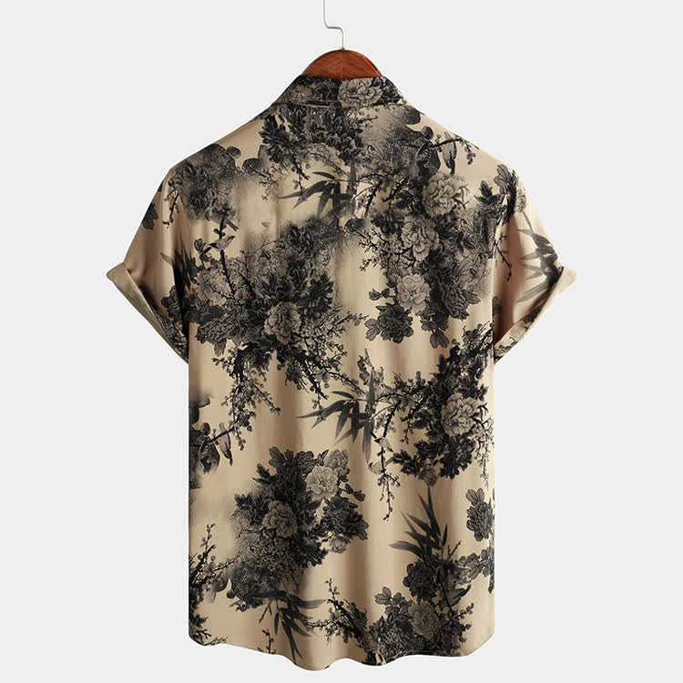 Retro Ink-style Floral Pattern Texture Print Short Sleeve Hawaiian Shirt - image 2