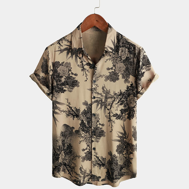 Retro Ink-style Floral Pattern Texture Print Short Sleeve Hawaiian Shirt - Khaki - 5XL - image 1