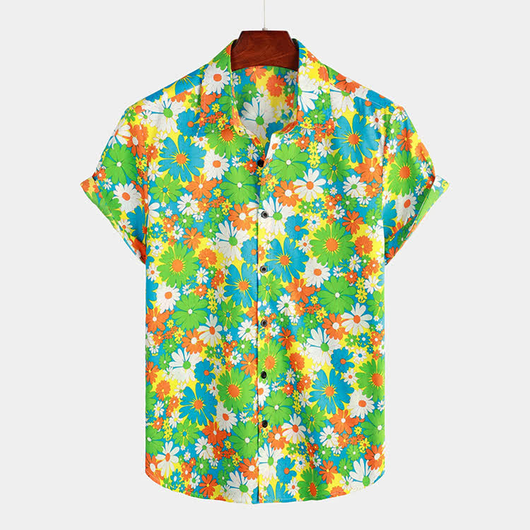 Hippie Resort Colorful Daisies Pattern Texture Print Short Sleeve Hawaiian Shirt - Green - 5XL - image 1