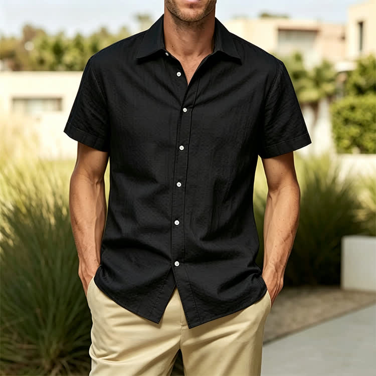 Cozy Solid Texture Button-up Short Sleeve Lapel Shirt - image 7