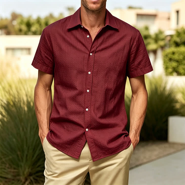 Cozy Solid Texture Button-up Short Sleeve Lapel Shirt - Wine - 4XL - image 13