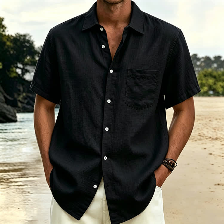 Cozy Solid Texture Button-up Short Sleeve With Pocket Lapel Shirt - Black - 5XL - image 2